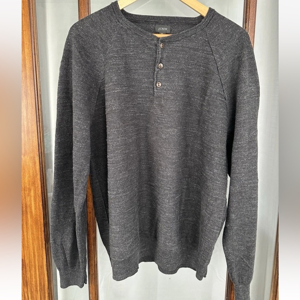 J Crew Henley Cotton Mens XL Long Sleeve Gray Pullover Knit Sweater Outdoor